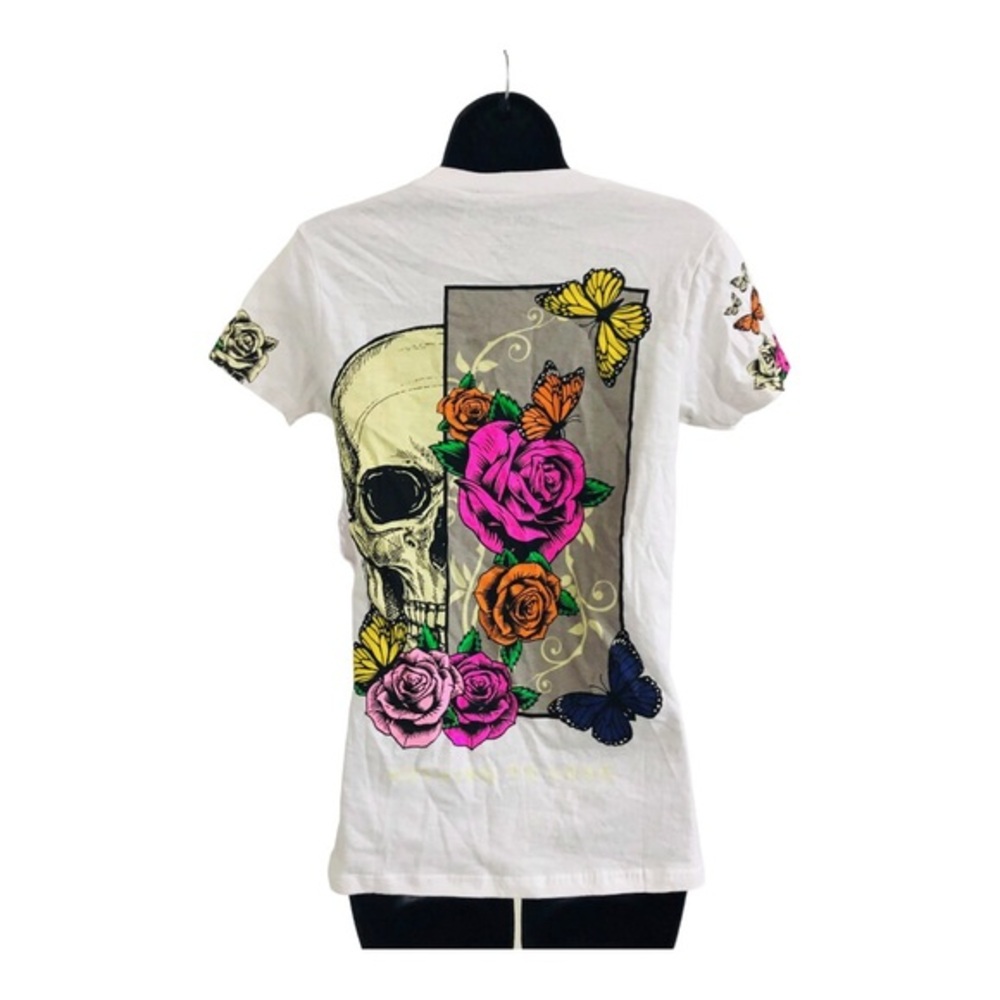White butterfly floral skull Roses graphic‎ print t-shirt size small brand new - Picture 11 of 15